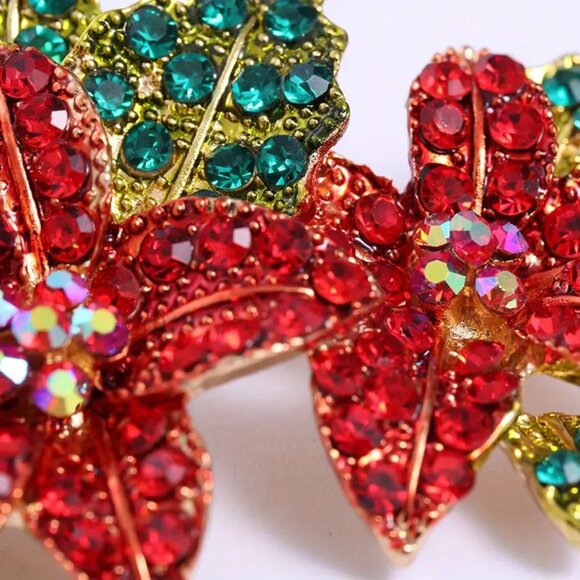 Handcrafted Rhinestone Poinsettias Christmas Brooch Pin ๐๐โฃ๏ธ - Picture 3 of 7